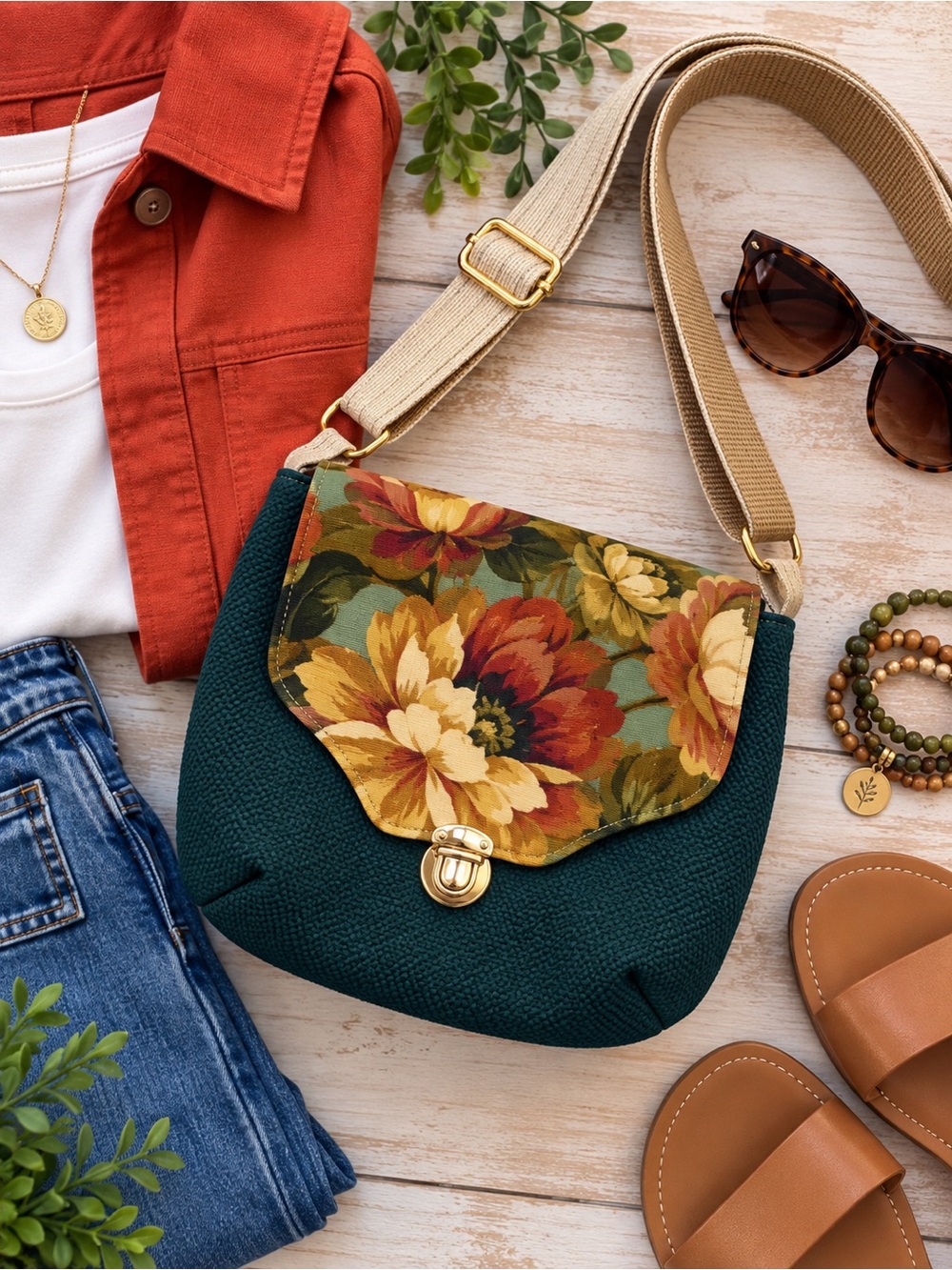 NEW Handmade Floral Tapestry Crossbody Bag Purse Teal Green Gold Hardware